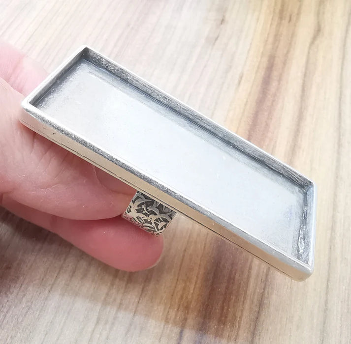 Large Rectangle Ring Blank Settings, Cabochon Mounting, Adjustable Antique Silver Resin Ring Base Bezel, Inlay Mosaic Epoxy (64x30mm) G33622