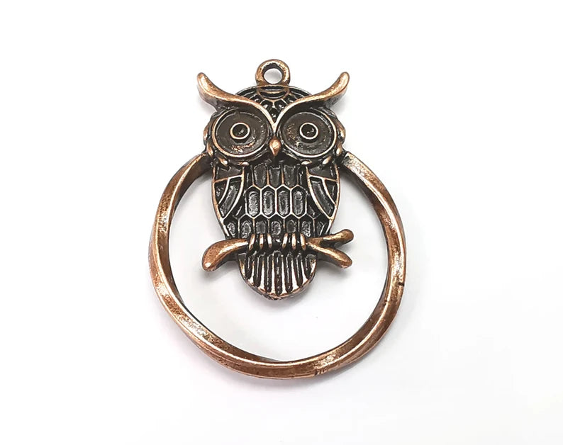 Owl Circle Charms, Antique Copper Plated (44x32mm) G33537