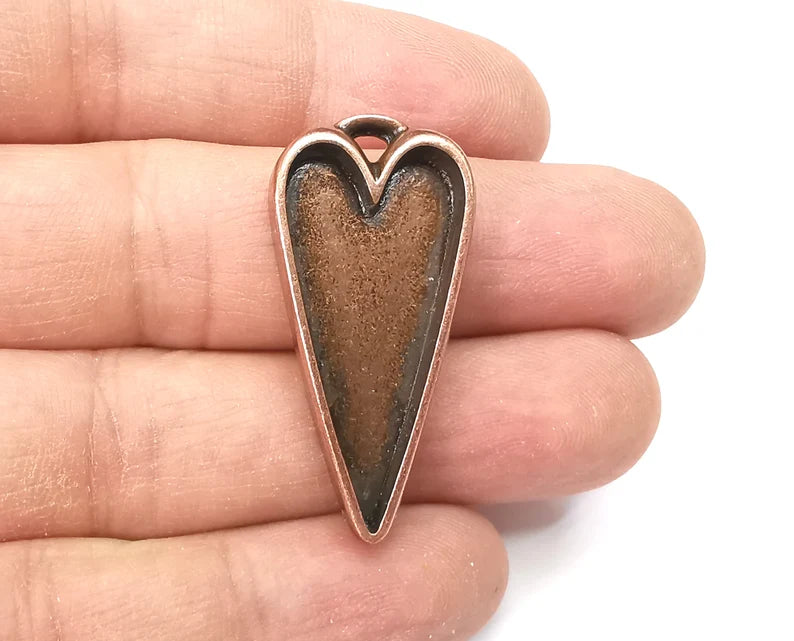 Long Heart Pendant Blanks, Resin Bezel Bases, Mosaic Mountings, Dry flower Frame, Polymer Clay base, Antique Copper Plated (34x16mm) G33667