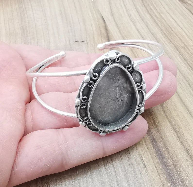 Bracelet Bezel Cuff Blank Resin Mountings Cabochon Base Settings Antique Silver Plated Brass Adjustable Bracelet (30x20mm) G33638