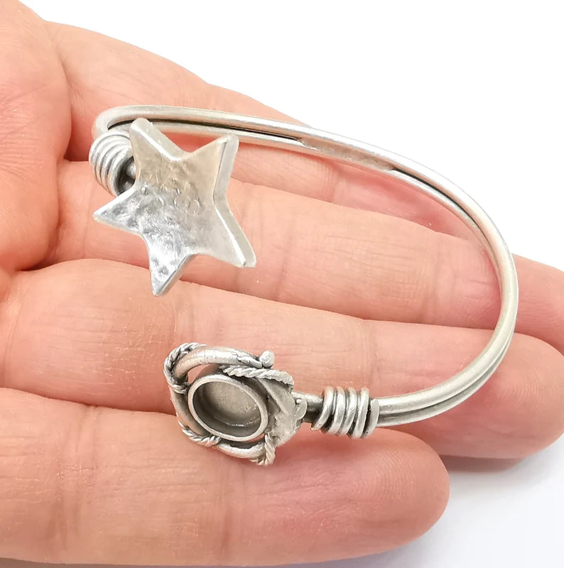 Star Bracelet Bezel Cuff Blank Resin Mountings Cabochon Base Settings Antique Silver Plated Brass Adjustable Bracelet (8mm) G33641