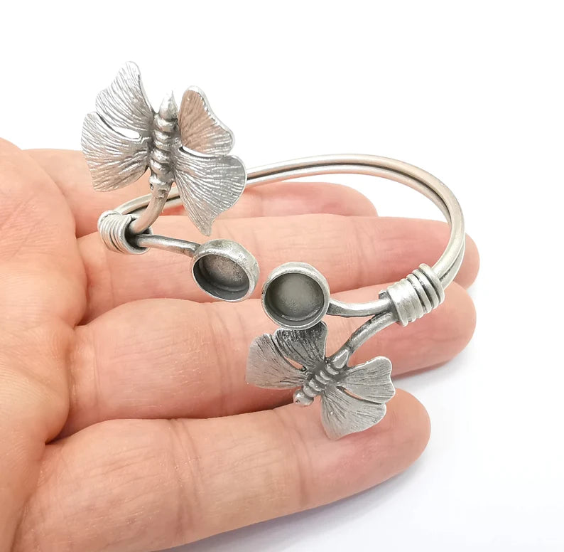 Butterfly Bracelet Bezel Cuff Blank Resin Mountings Cabochon Base Settings Antique Silver Plated Brass Adjustable Bracelet (8mm) G33644