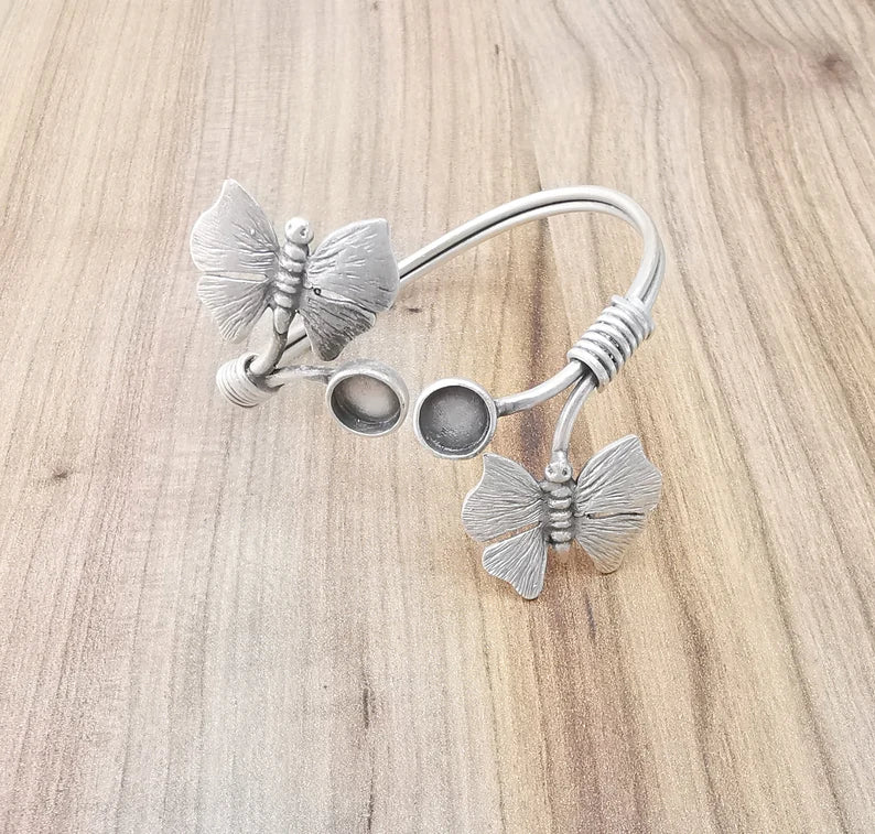 Butterfly Bracelet Bezel Cuff Blank Resin Mountings Cabochon Base Settings Antique Silver Plated Brass Adjustable Bracelet (8mm) G33644