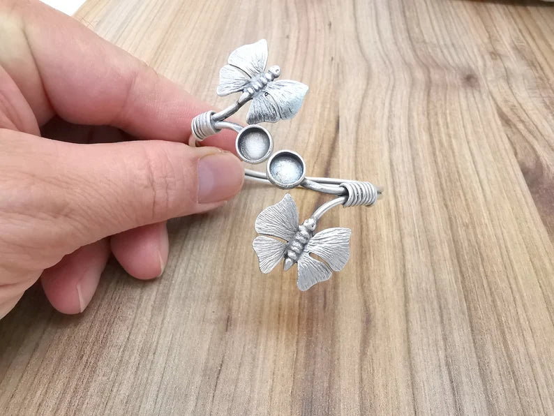 Butterfly Bracelet Bezel Cuff Blank Resin Mountings Cabochon Base Settings Antique Silver Plated Brass Adjustable Bracelet (8mm) G33644