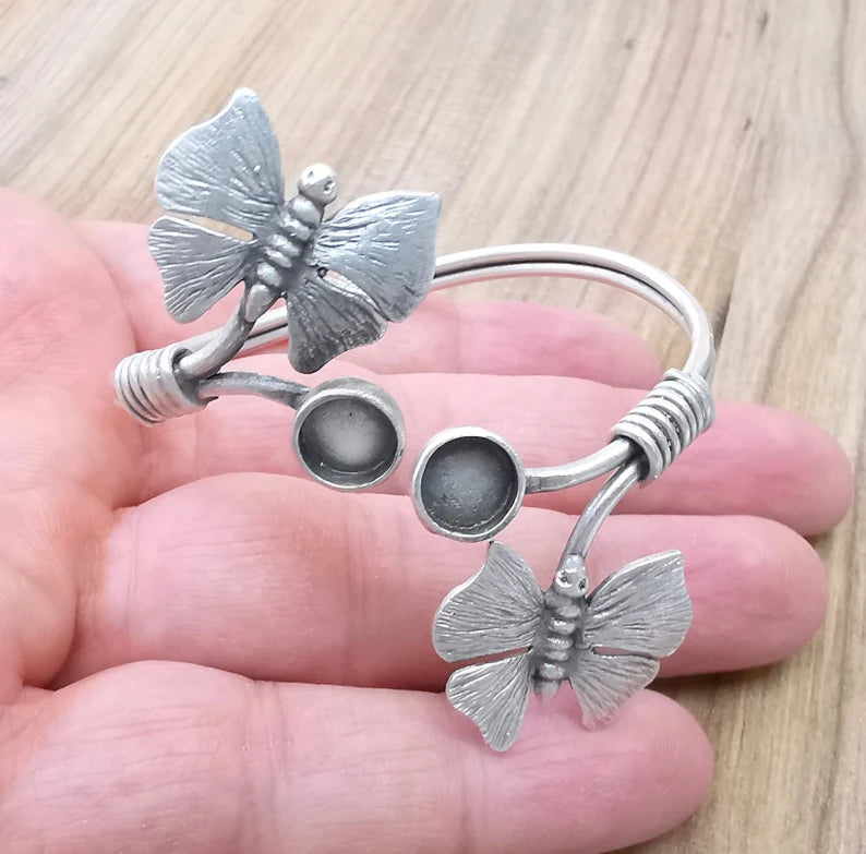Butterfly Bracelet Bezel Cuff Blank Resin Mountings Cabochon Base Settings Antique Silver Plated Brass Adjustable Bracelet (8mm) G33644