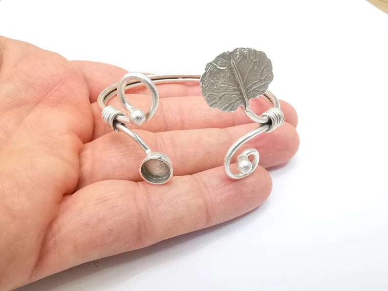 Leaf Bracelet Bezel Cuff Blank Resin Mountings Cabochon Base Settings Antique Silver Plated Brass Adjustable Bracelet (8mm) G33648