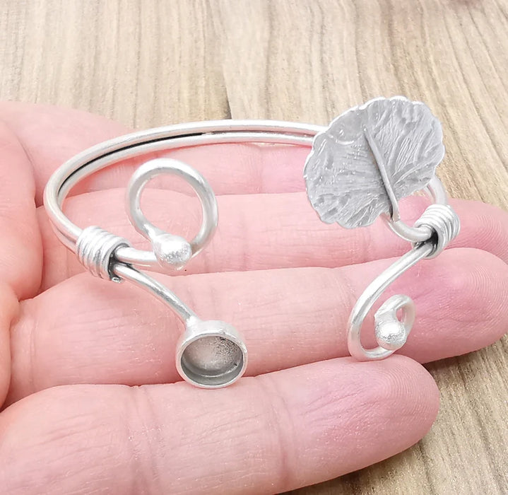 Leaf Bracelet Bezel Cuff Blank Resin Mountings Cabochon Base Settings Antique Silver Plated Brass Adjustable Bracelet (8mm) G33648