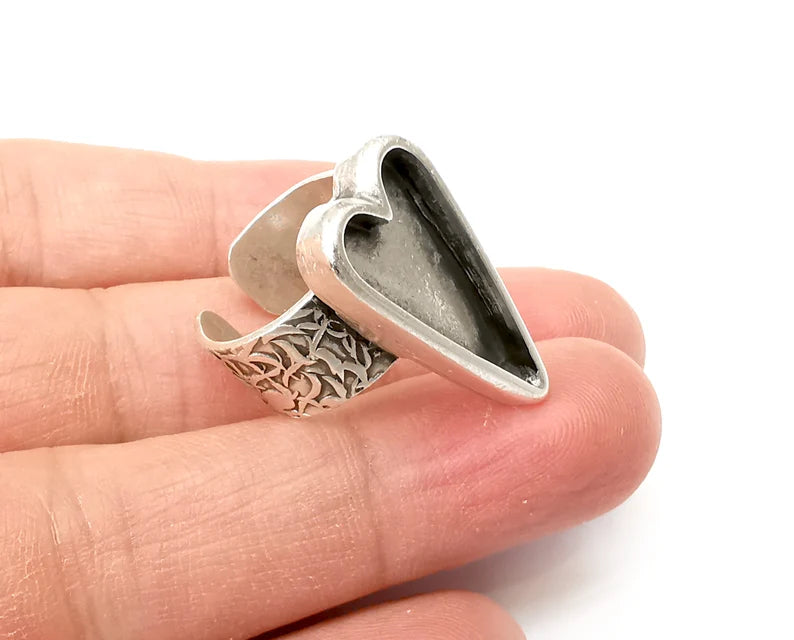 Heart Ring Blank Settings, Cabochon Mounting, Adjustable Antique Silver Resin Ring Base Bezel, Inlay Mosaic Epoxy (24x12mm) G33651