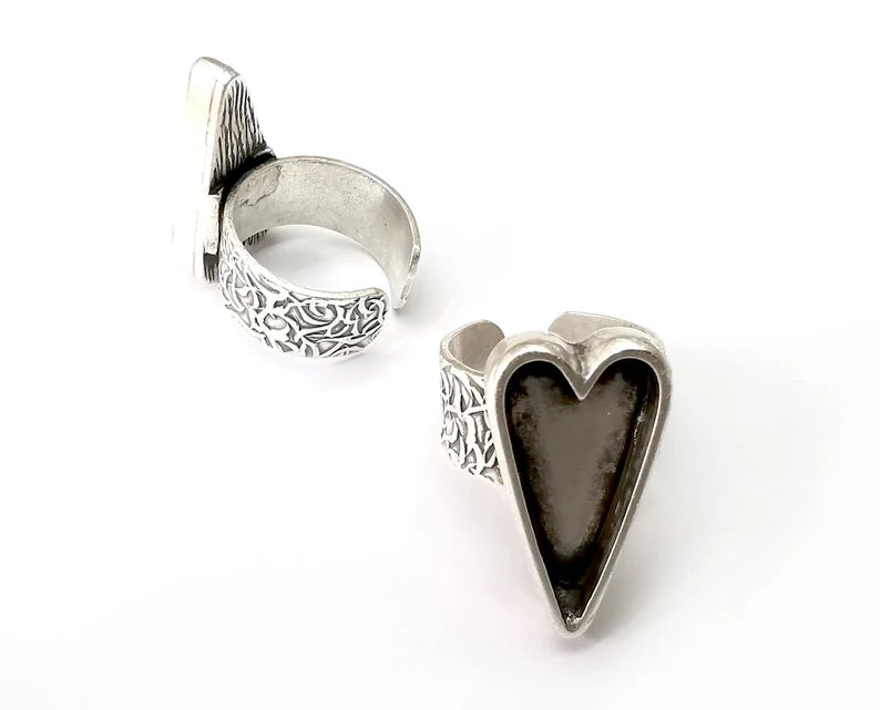 Heart Ring Blank Settings, Cabochon Mounting, Adjustable Antique Silver Resin Ring Base Bezel, Inlay Mosaic Epoxy (24x12mm) G33651