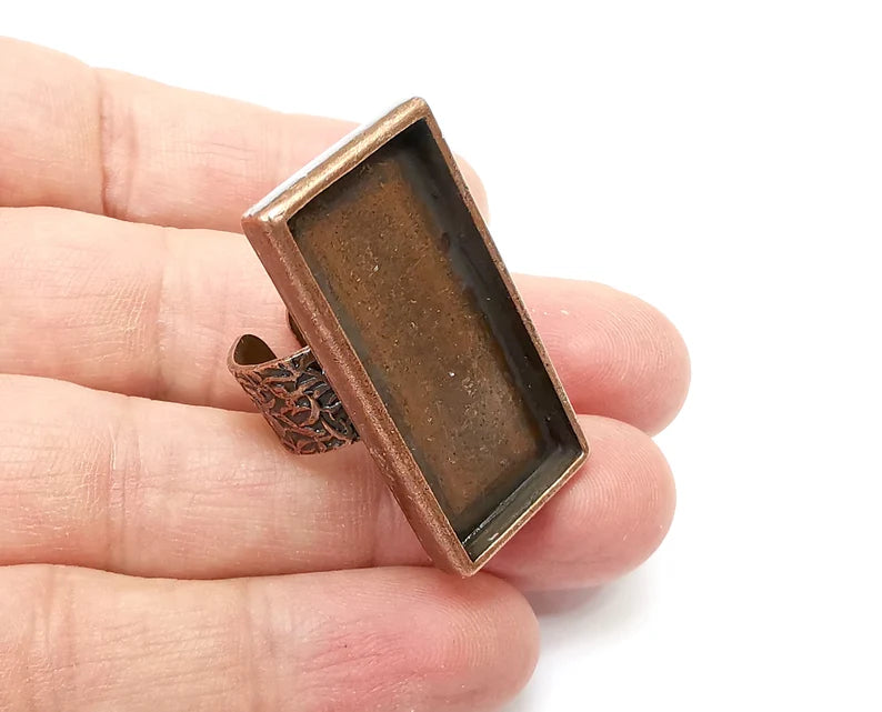 Rectangle Antique Copper Ring Blank Settings, Cabochon Mounting, Adjustable Resin Ring Base Bezel, Inlay Mosaic Ring Bezel (25x12mm) G33652