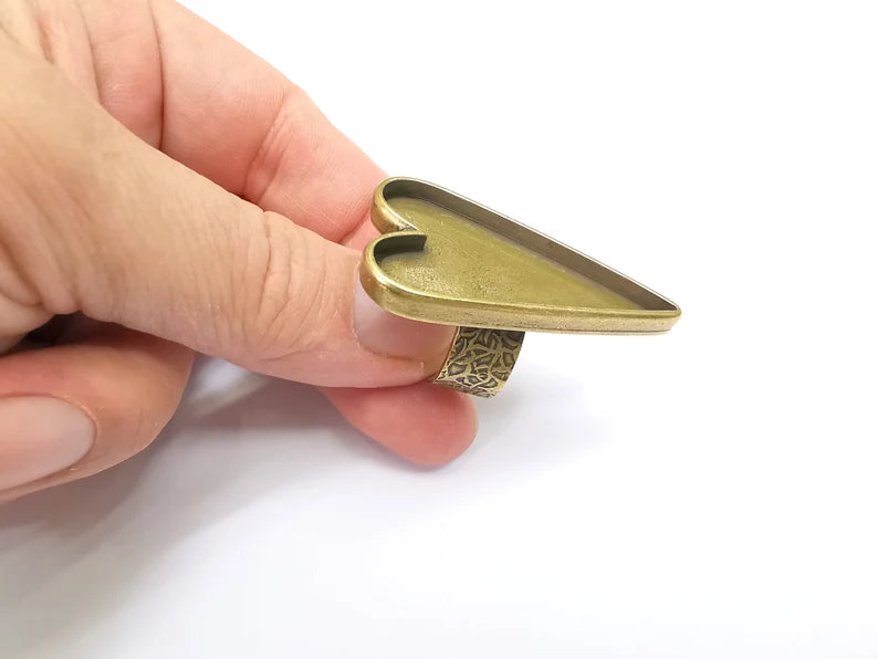 Large Heart Ring Blank Settings, Cabochon Mounting, Adjustable Antique Bronze Resin Ring Base Bezel, Inlay Mosaic Epoxy (47x24mm) G33666