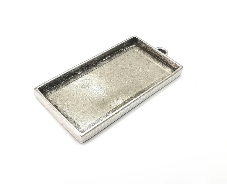 Rectangle Pendant Blanks, Resin Bezel Bases, Mosaic Mountings, Dry flower Frame, Polymer Clay base, Antique Silver Plated (50x25mm) G33547