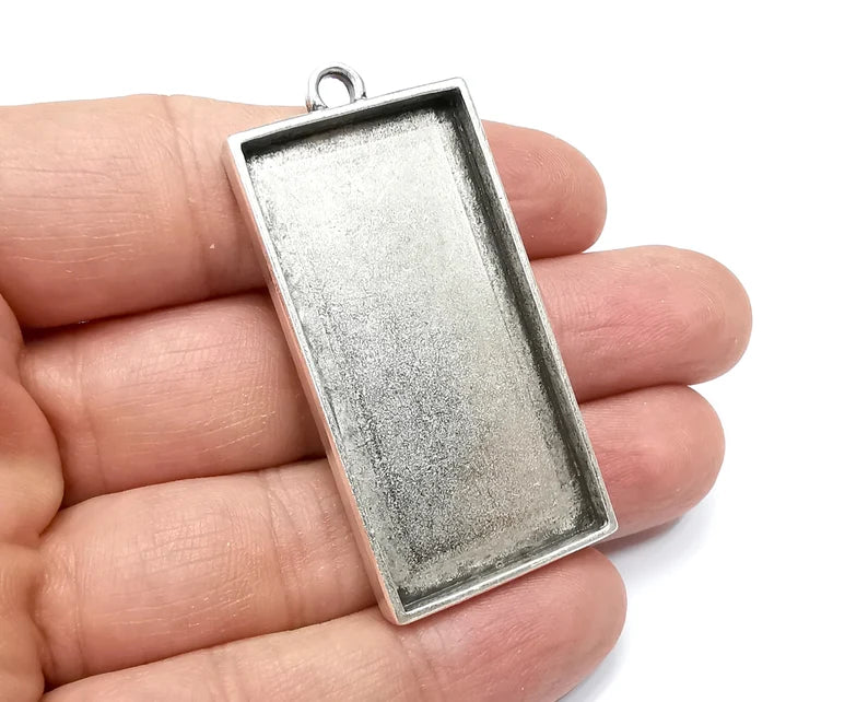 Rectangle Pendant Blanks, Resin Bezel Bases, Mosaic Mountings, Dry flower Frame, Polymer Clay base, Antique Silver Plated (50x25mm) G33547