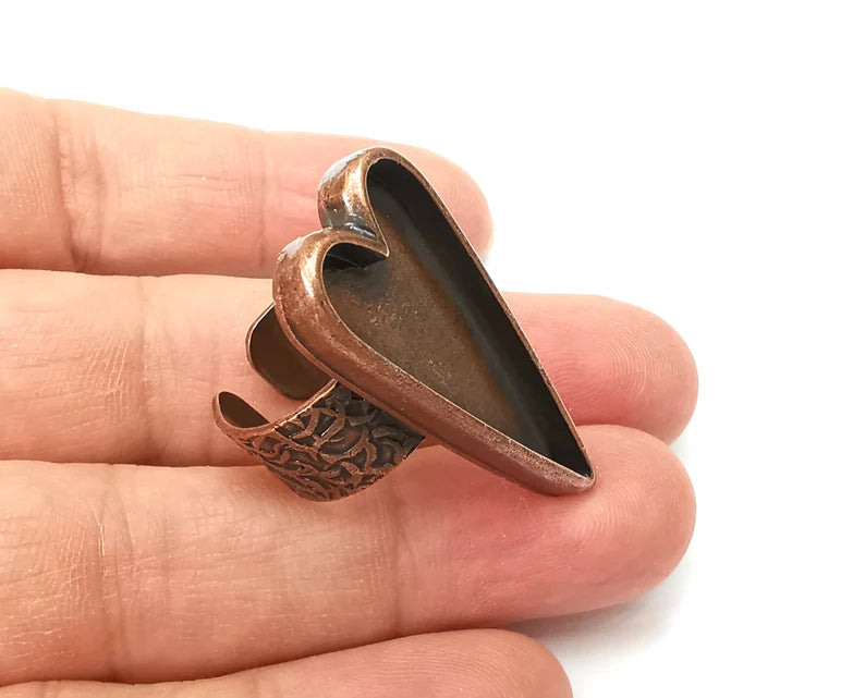 Heart Ring Blank Settings, Cabochon Mounting, Adjustable Antique Copper Resin Ring Base Bezel, Inlay Mosaic Epoxy (34x16mm) G33671