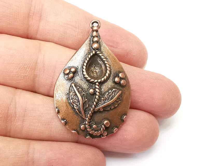 Drop Flower Pendant Blanks, Resin Bezel Bases, Mosaic Mountings, Dry flower Frame, Polymer Clay base, Antique Copper Plated (10x7mm) G33674