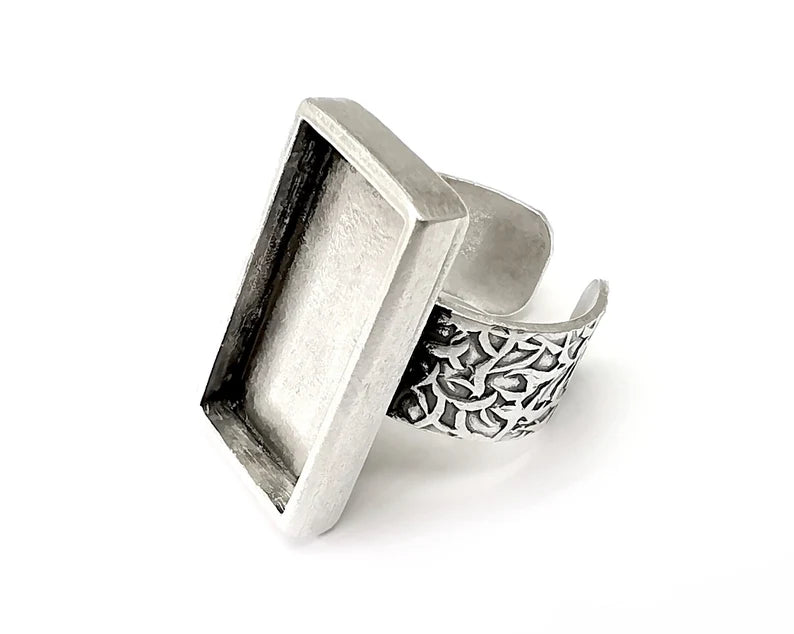 Rectangle Ring Blank Settings, Cabochon Mounting, Adjustable Antique Silver Resin Ring Base Bezel, Inlay Mosaic Epoxy (25x12mm) G33675