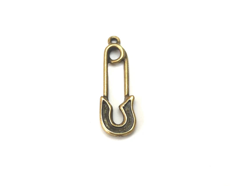 4 Safety Pin Charms, Antique Bronze Plated Dangle Charms (35x11mm) G33557
