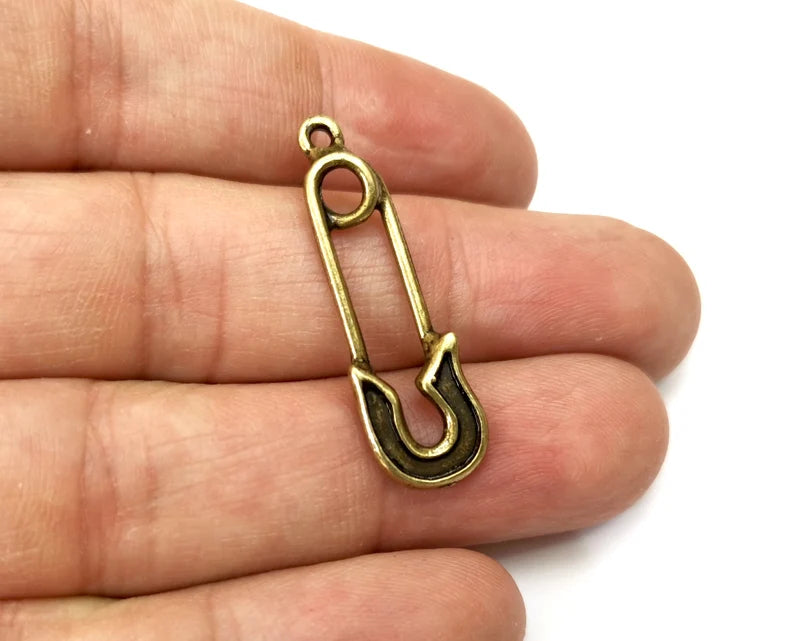 4 Safety Pin Charms, Antique Bronze Plated Dangle Charms (35x11mm) G33557
