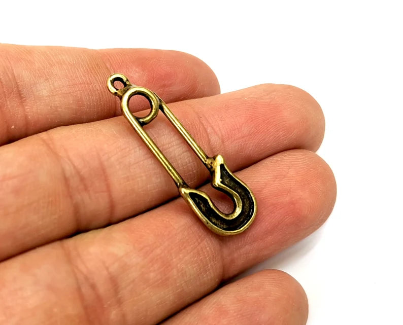 4 Safety Pin Charms, Antique Bronze Plated Dangle Charms (35x11mm) G33557
