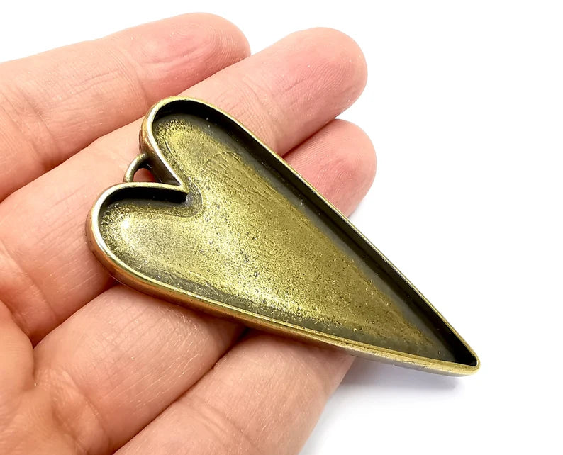 Long Heart Pendant Blanks, Resin Bezel Bases, Mosaic Mountings, Dry flower Frame, Polymer Clay base, Antique Bronze Plated (64x30mm) G33559