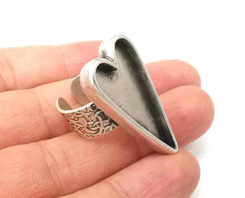 Heart Ring Blank Settings, Cabochon Mounting, Adjustable Antique Silver Resin Ring Base Bezel, Inlay Mosaic Epoxy (34x16mm) G33680