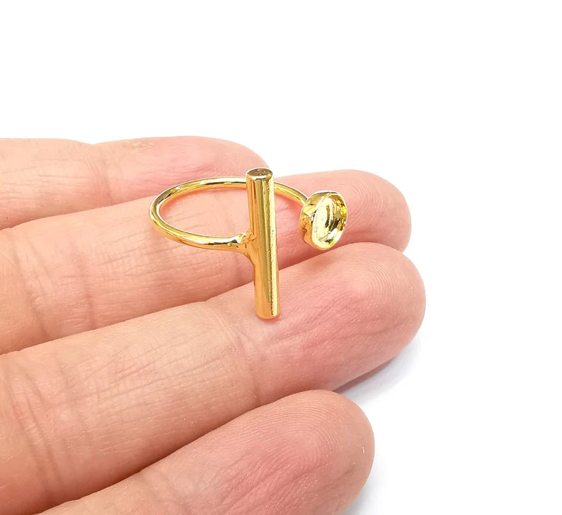 Gold Plated Bar Ring Blank Base Bezel Settings Cabochon Base Mountings Adjustable , Shiny Gold Plated Brass (6mm Blank) G33564