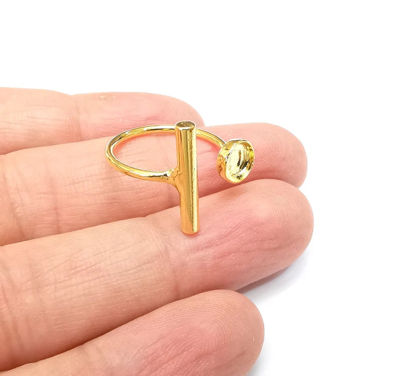 Gold Plated Bar Ring Blank Base Bezel Settings Cabochon Base Mountings Adjustable , Shiny Gold Plated Brass (6mm Blank) G33564