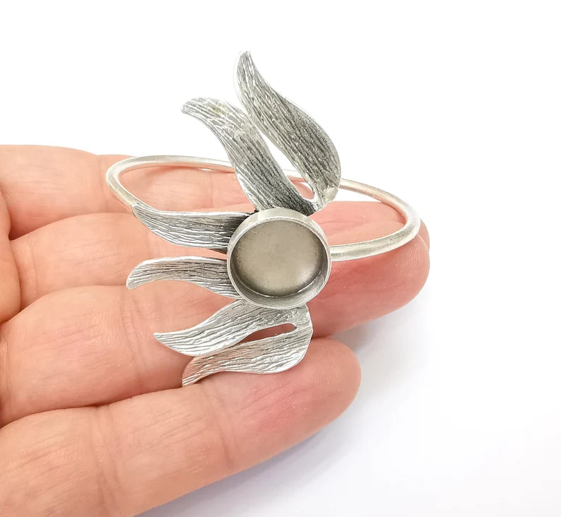 Tulip Flower Leaf Bracelet Bezel Blank Resin Bezel Cabochon Adjustable Cuff Base Settings Antique Silver Plated Brass (14mm Bezel) G33566