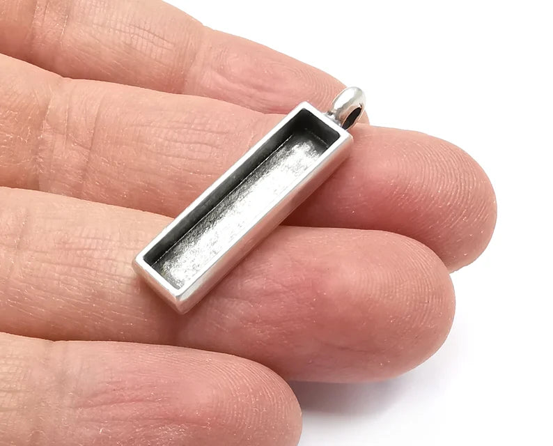 2 Rectangle Pendant Blanks, Resin Bezel Bases, Mosaic Mountings, Dry flower Frame, Polymer Clay base, Antique Silver Plated (25x5mm) G33571