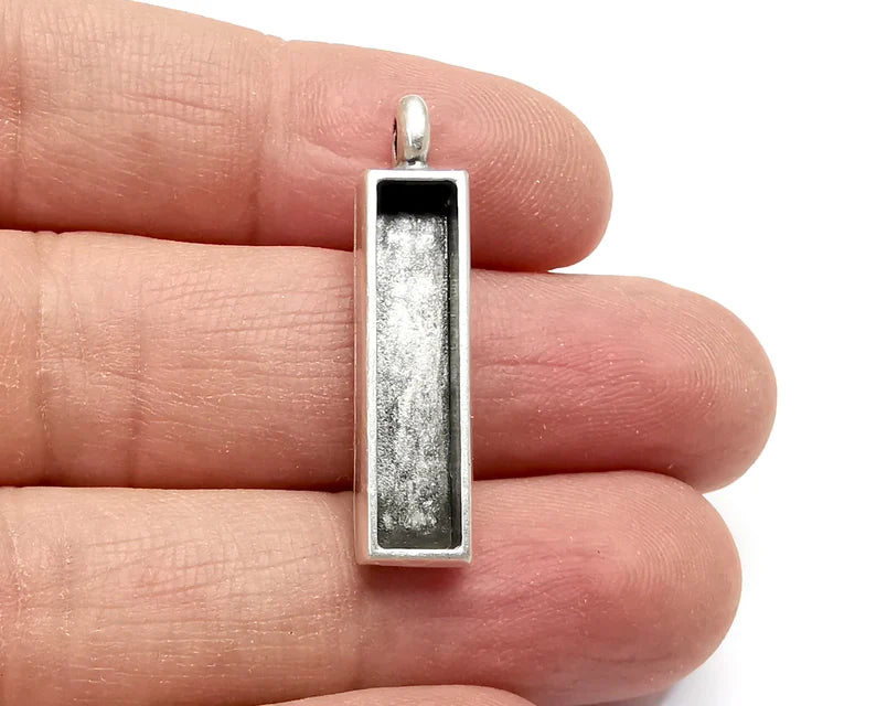 2 Rectangle Pendant Blanks, Resin Bezel Bases, Mosaic Mountings, Dry flower Frame, Polymer Clay base, Antique Silver Plated (25x5mm) G33571