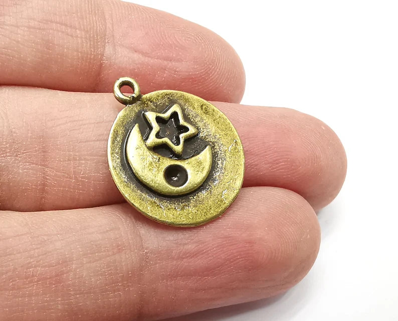 2 Moon Crescent Star Charms, Antique Bronze Plated Charms (24x20mm) G33701