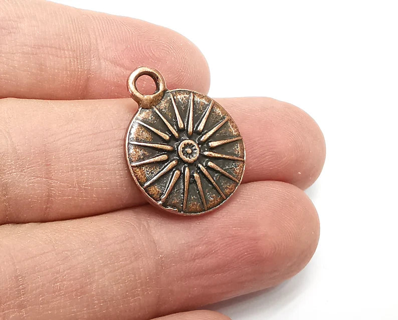 2 Sun Charms, (Double Sided) Antique Copper Plated Charms (25x20mm) G33703