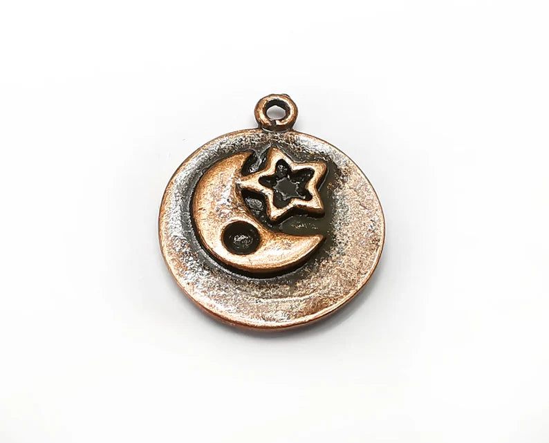 2 Moon Crescent Star Charms, Antique Copper Plated Charms (24x20mm) G33704