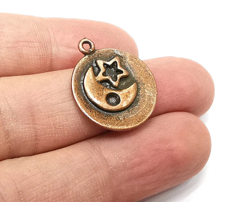 2 Moon Crescent Star Charms, Antique Copper Plated Charms (24x20mm) G33704