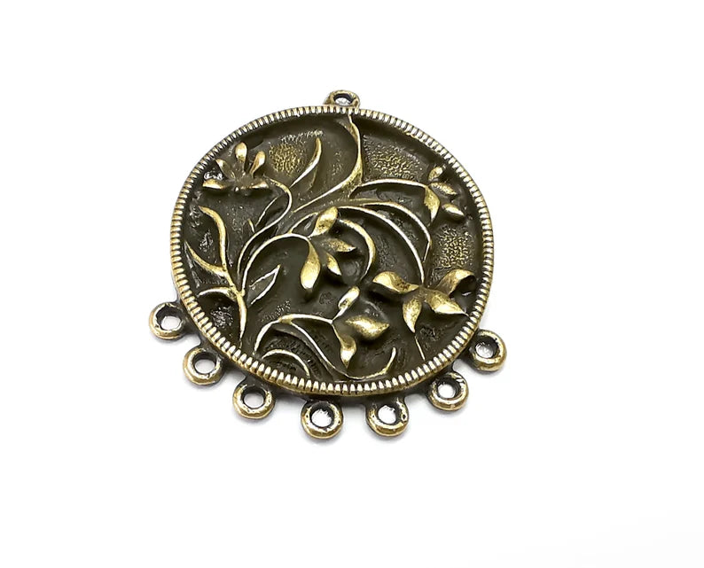 Flower Round Pendant, Charms, Connector Antique Bronze Plated (44x36mm) G33575