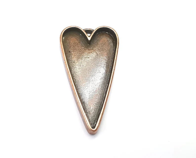 Long Heart Pendant Blanks, Resin Bezel Bases, Mosaic Mountings, Dry flower Frame, Polymer Clay base, Antique Copper Plated (48x24mm) G33580