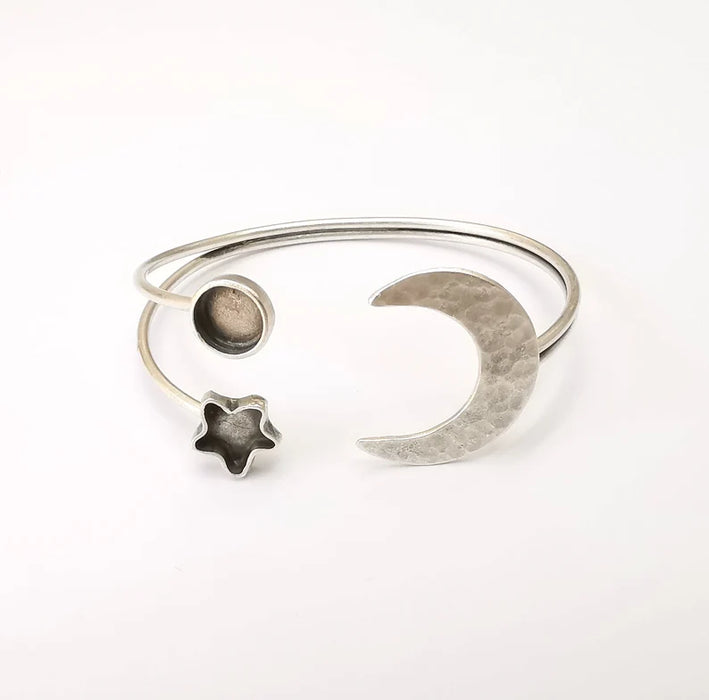 Moon and Star Bracelet Bezel Cuff Blank Resin Mountings Cabochon Base Settings Antique Silver Plated Brass Adjustable Bracelet (8mm) G33715