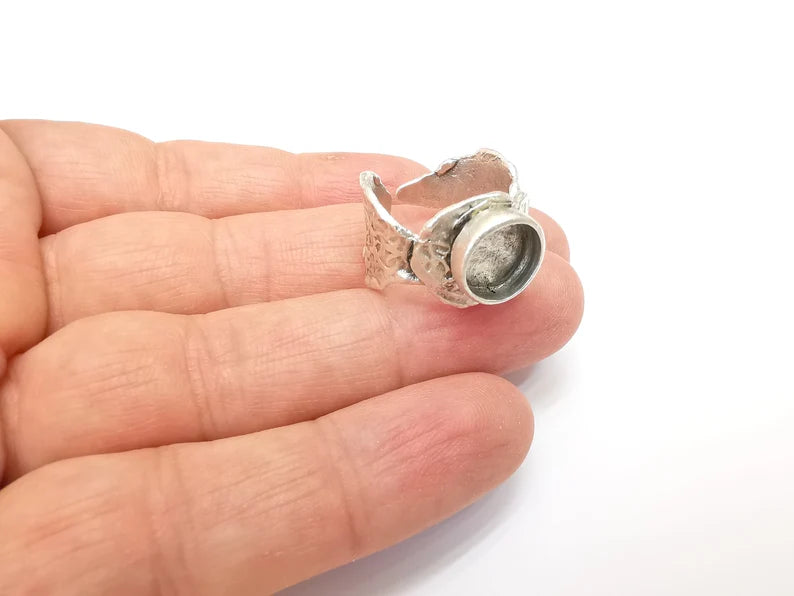 Leaf Ring Setting Blank Cabochon Mounting Adjustable Resin Ring Base Bezel Mosaic Ring, Antique Silver Plated Brass (10mm bezel) G33585