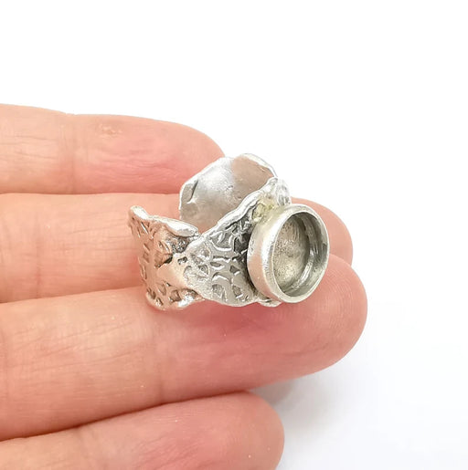 Leaf Ring Setting Blank Cabochon Mounting Adjustable Resin Ring Base Bezel Mosaic Ring, Antique Silver Plated Brass (10mm bezel) G33585