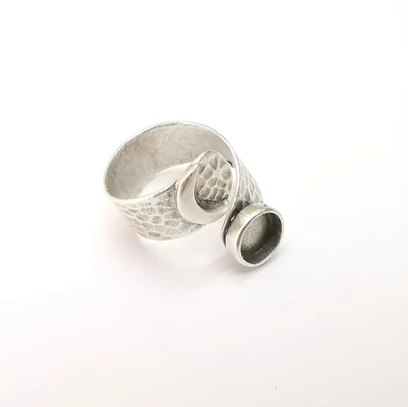 Crescent Ring Setting Blank Cabochon Mounting Adjustable Ring Base Bezel Antique Silver Plated Brass (8mm) G33587