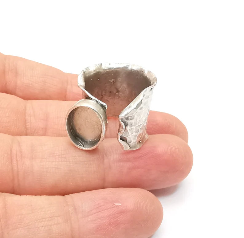 Hammered Ring Setting Resin Ring Blank Cabochon Mounting Adjustable Dried Flower Base Bezel Antique Silver Plated Brass (14x10mm) G33589
