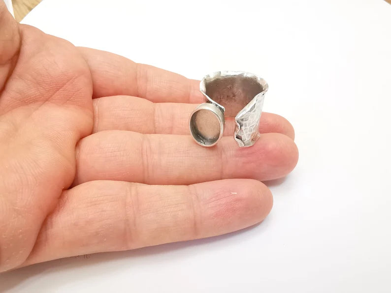 Hammered Ring Setting Resin Ring Blank Cabochon Mounting Adjustable Dried Flower Base Bezel Antique Silver Plated Brass (14x10mm) G33589