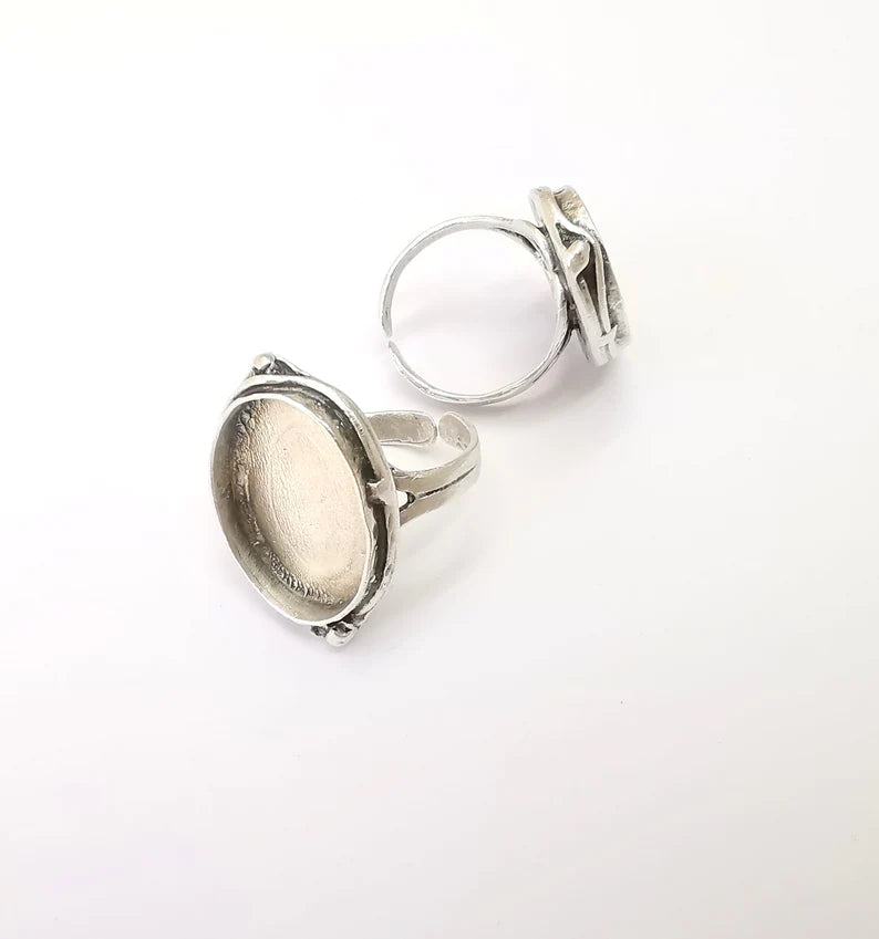 Large Ring Setting Resin Ring Blank Cabochon Mounting Adjustable Dried Flower Ring Base Bezel Antique Silver Plated Brass (25x18mm) G33590