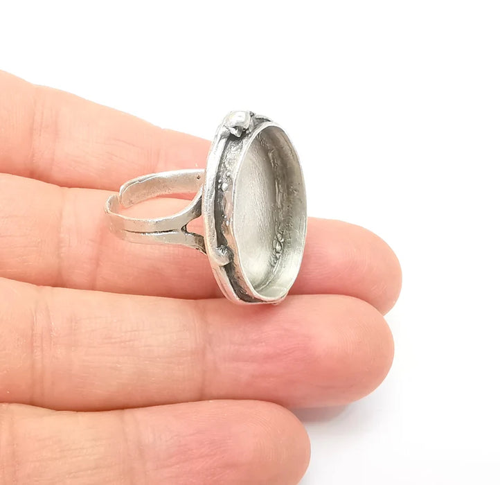 Large Ring Setting Resin Ring Blank Cabochon Mounting Adjustable Dried Flower Ring Base Bezel Antique Silver Plated Brass (25x18mm) G33590