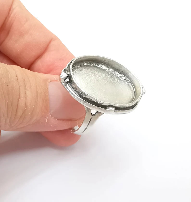 Large Ring Setting Resin Ring Blank Cabochon Mounting Adjustable Dried Flower Ring Base Bezel Antique Silver Plated Brass (25x18mm) G33590