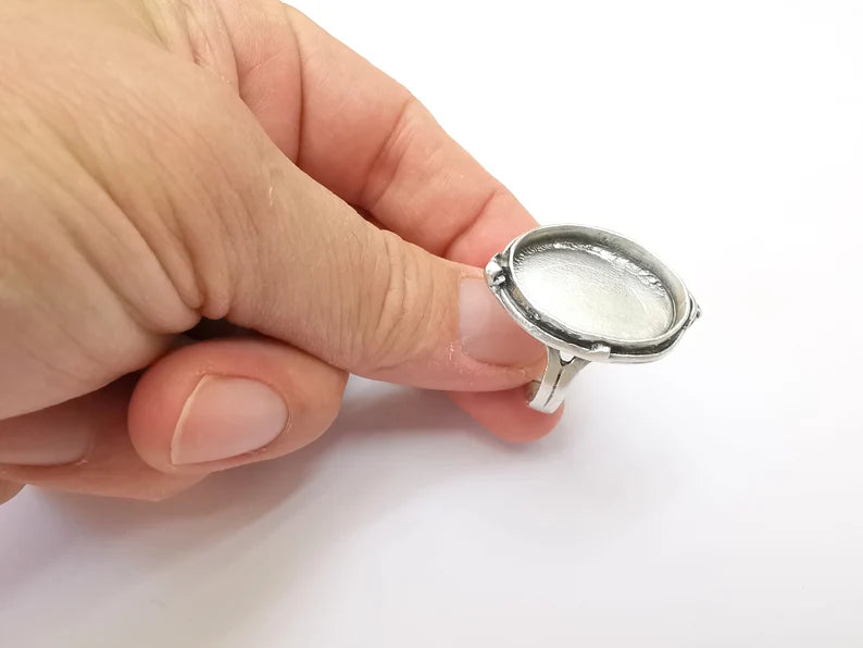 Large Ring Setting Resin Ring Blank Cabochon Mounting Adjustable Dried Flower Ring Base Bezel Antique Silver Plated Brass (25x18mm) G33590