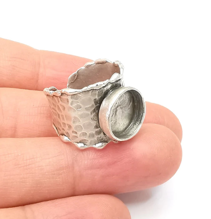 Hammered Ring Setting Resin Ring Blank Cabochon Mounting Adjustable Dried Flower Ring Base Bezel Antique Silver Plated Brass (12mm) G33591