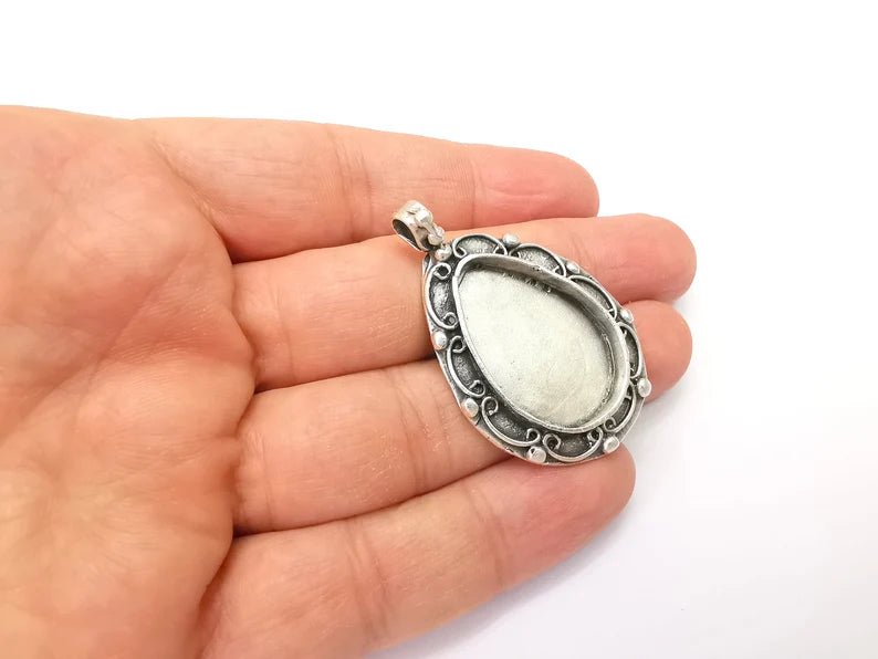 Drop Pendant Blanks, Resin Bezel, Cabochon Bases, Mosaic Mountings, Dry flower Frame, Polymer Clay, Antique Silver Brass (30x20mm) G33592
