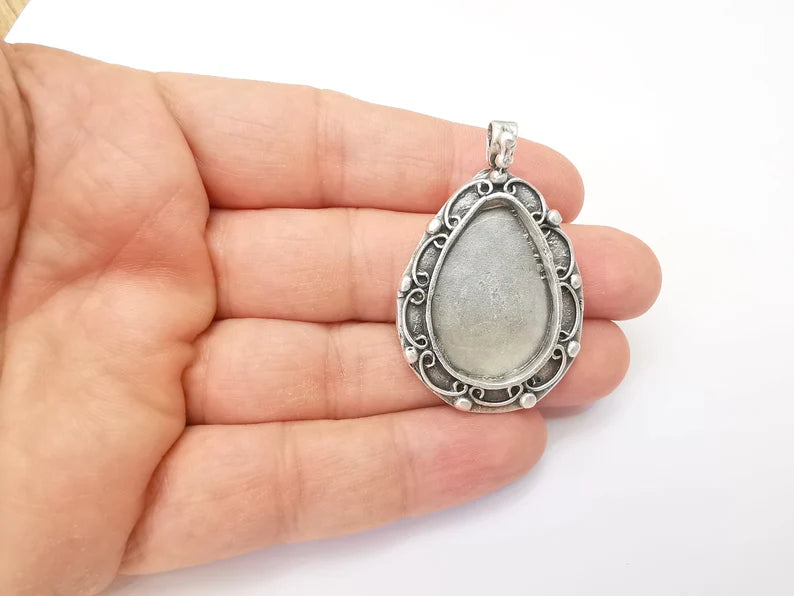 Drop Pendant Blanks, Resin Bezel, Cabochon Bases, Mosaic Mountings, Dry flower Frame, Polymer Clay, Antique Silver Brass (30x20mm) G33592