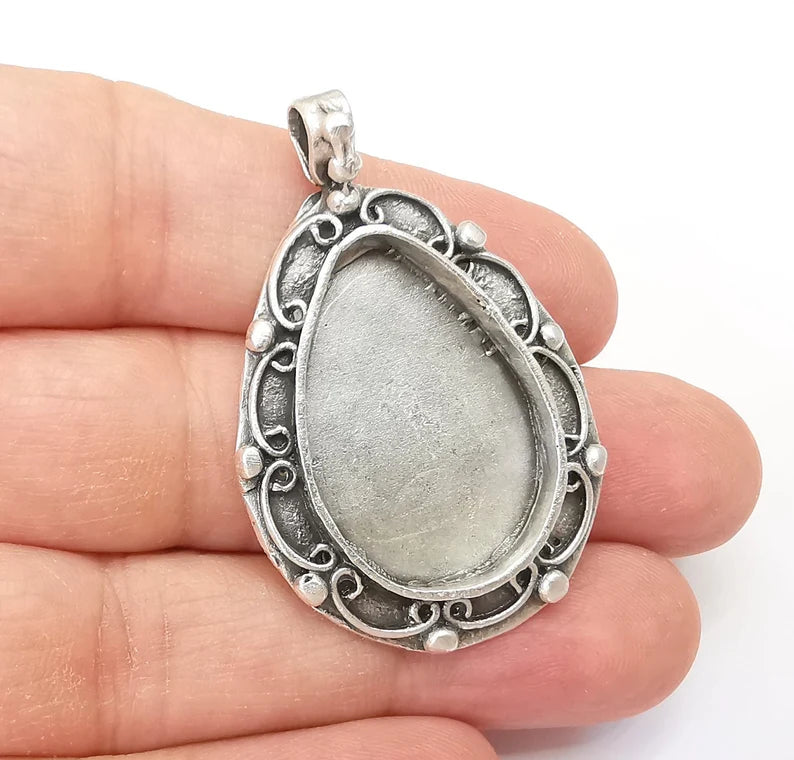 Drop Pendant Blanks, Resin Bezel, Cabochon Bases, Mosaic Mountings, Dry flower Frame, Polymer Clay, Antique Silver Brass (30x20mm) G33592